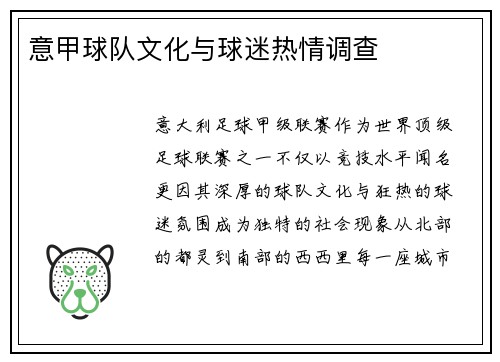 意甲球队文化与球迷热情调查