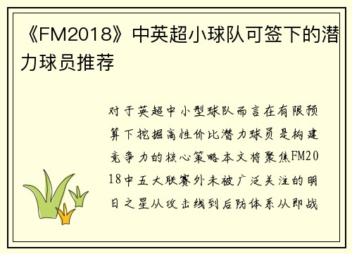 《FM2018》中英超小球队可签下的潜力球员推荐