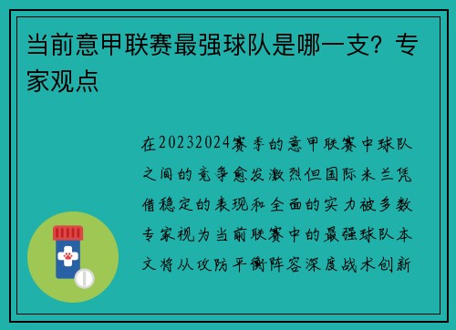 当前意甲联赛最强球队是哪一支？专家观点